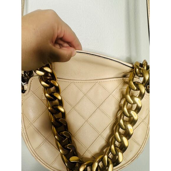 TORY BURCH Neutral White Leather Gold Chain Link Handle Shoulder Strap Bag Purse - Picture 6 of 10
